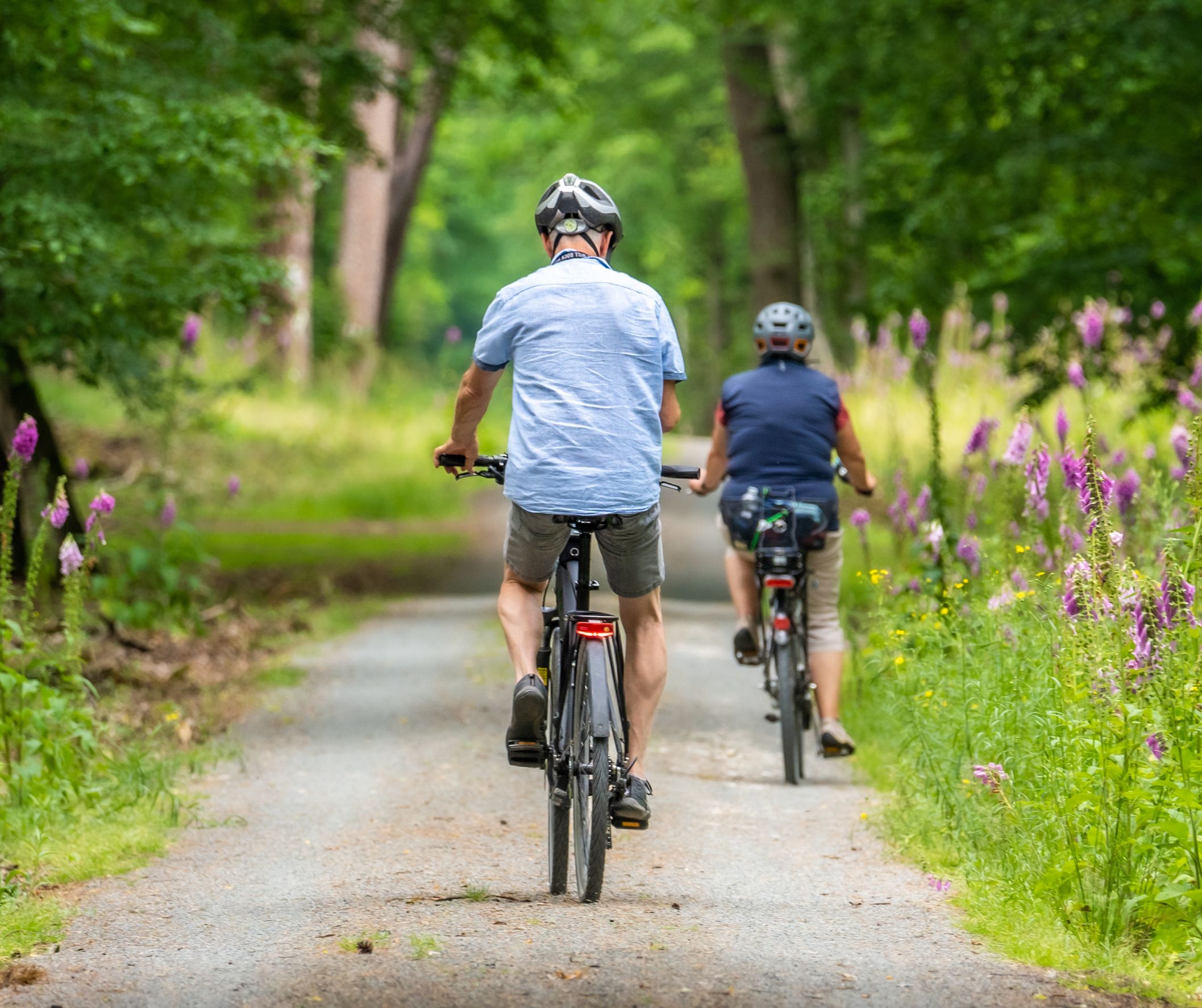 2 fietsers fietsen op een pad in het groen